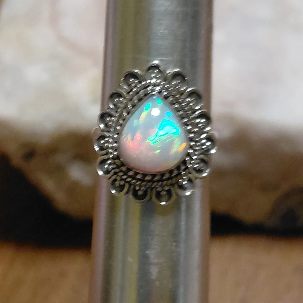 Vintage Style Ethiopian Opal Silver Ring Size 8.25